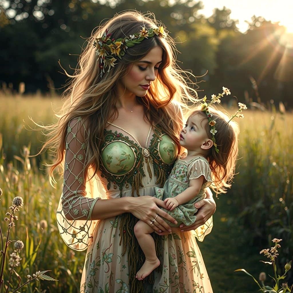 Ethereal Mother and Child Portrait in Vibrant Crackle Inks