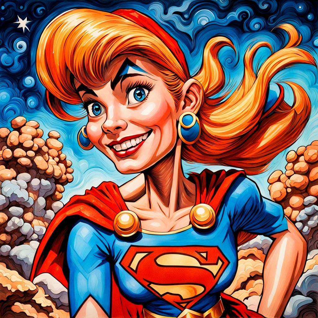Wilma Flintstone as Supergirl in Gouache Style