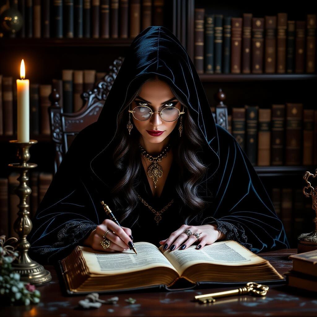Gothic Witch Studying Ancient Spellbook