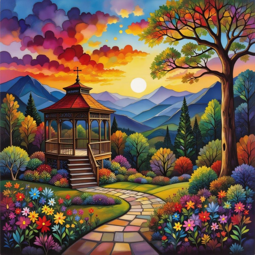 Gazebo in Overgrown Garden at Sunset