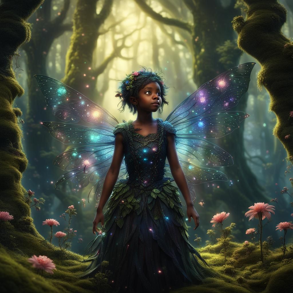 Black Fairy in Forest with Glowing Moss