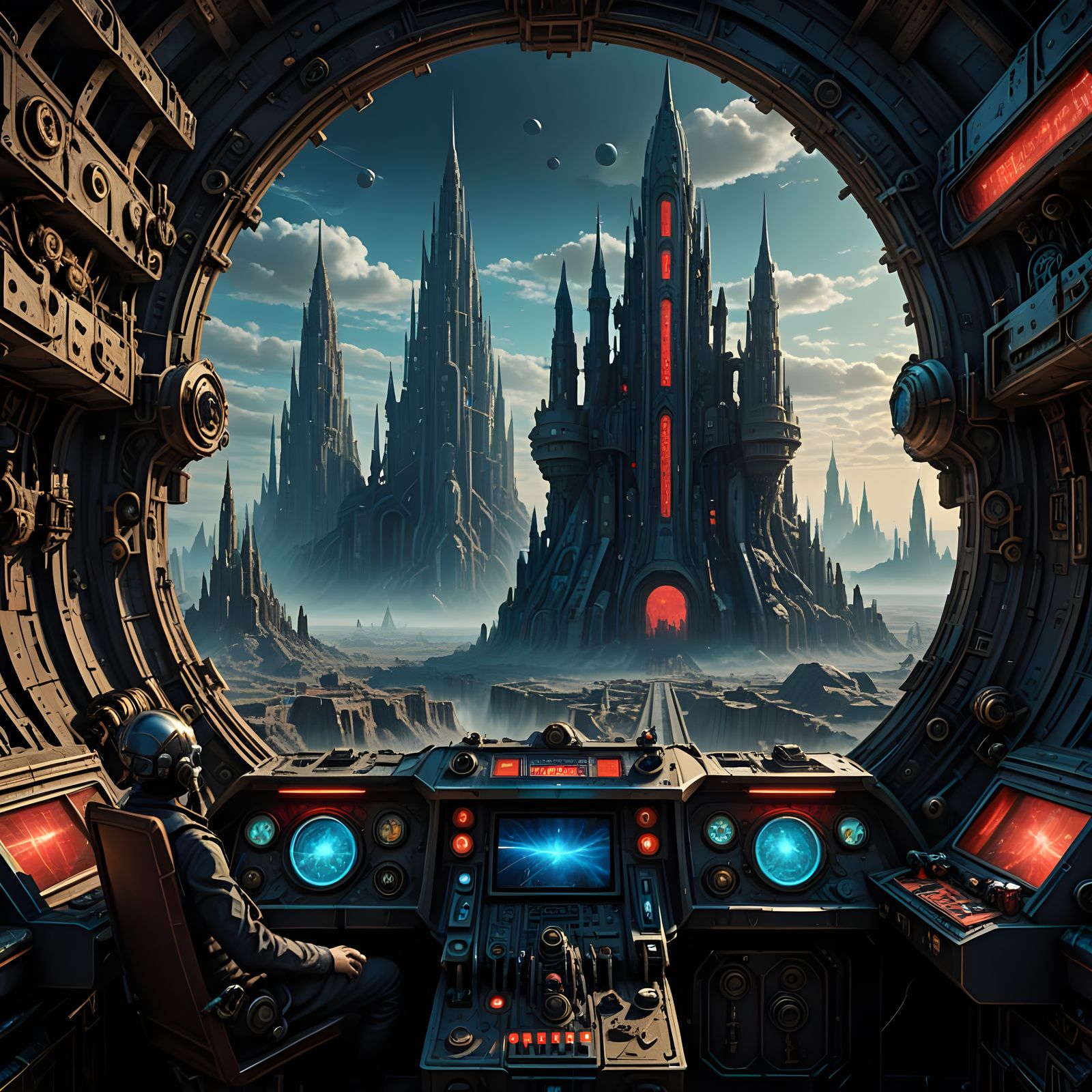 Steampunk Gothic Spacecraft Cockpit View with Neon Lights