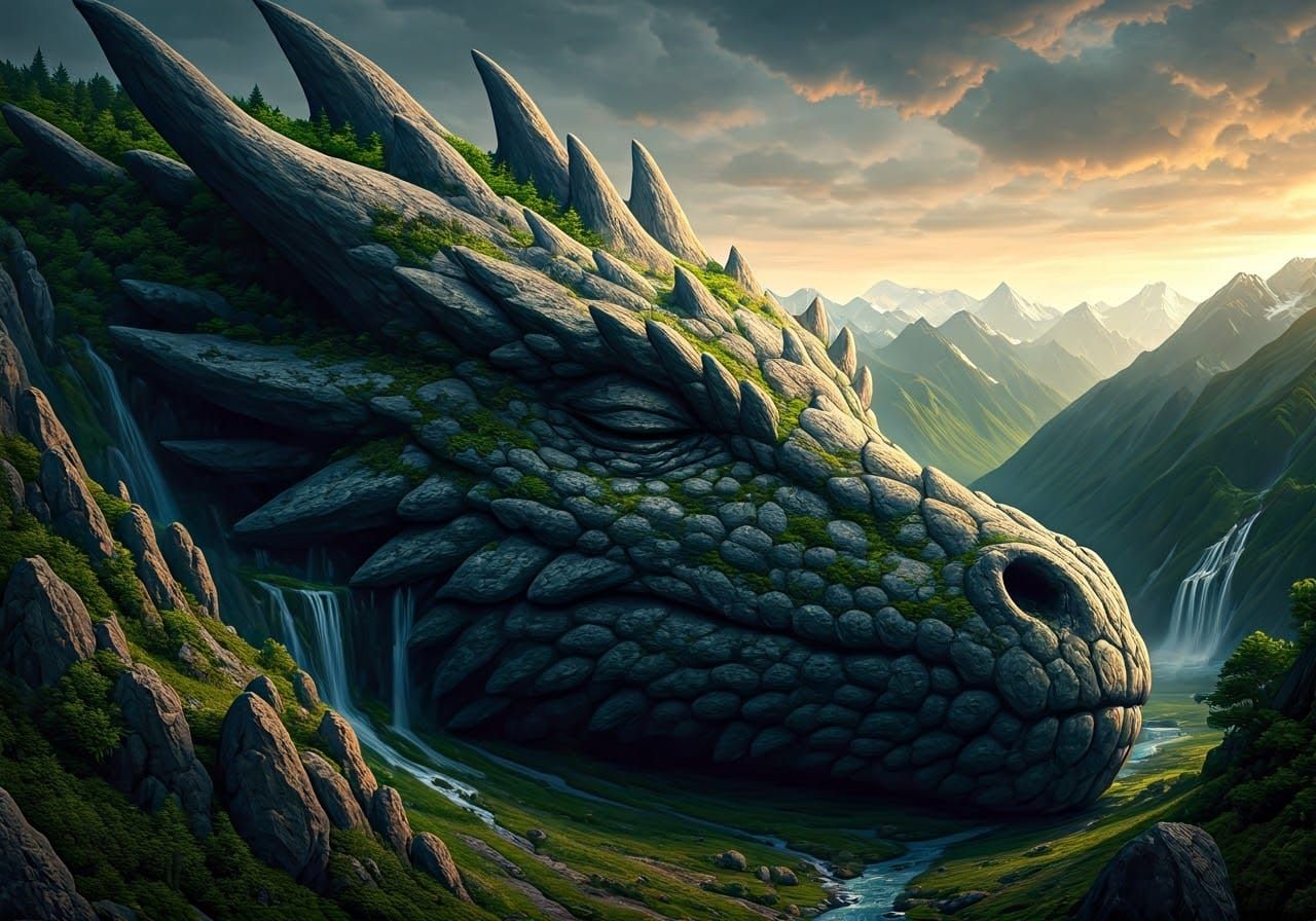 Monumental Stone Dragon Mountain Range in 3D Rendering