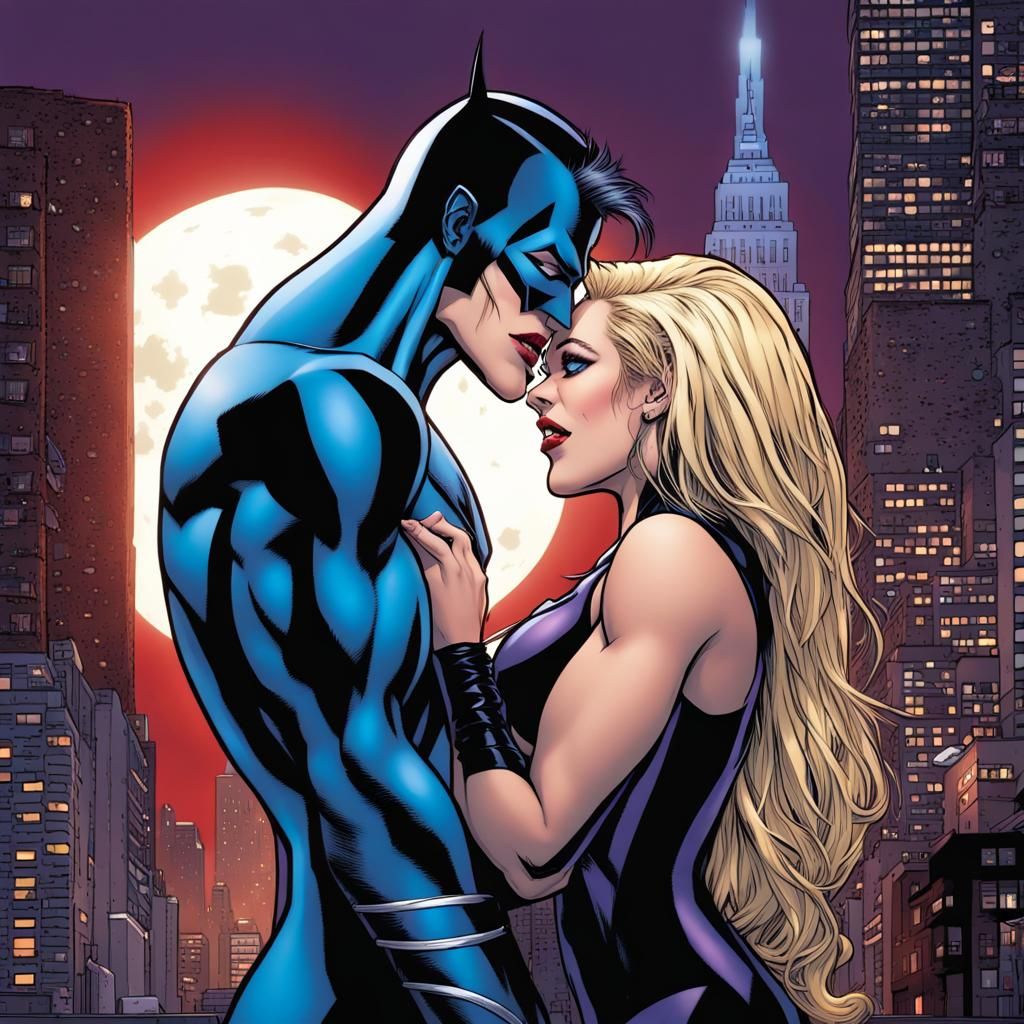 Superheroes Kissing in Gothic Cityscape Comic Art