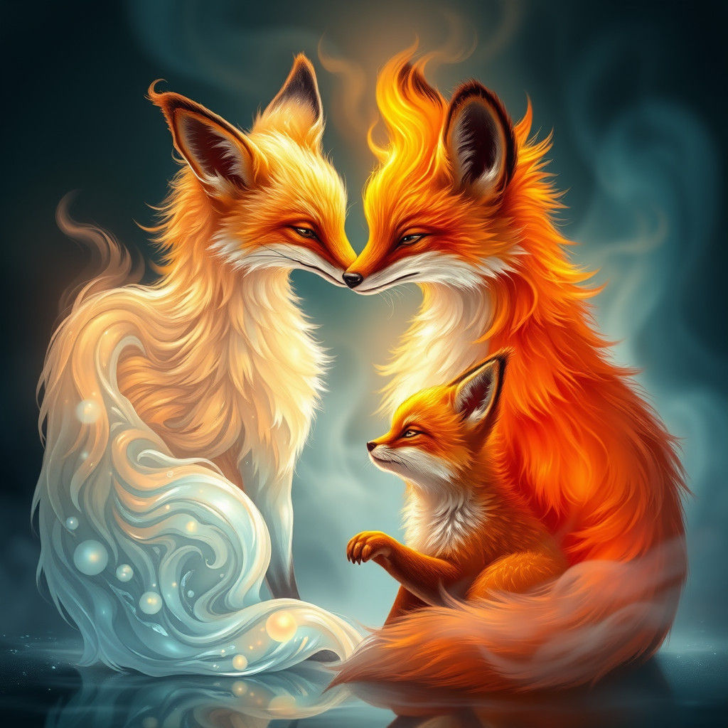 Water Fox Kisses Fire Fox: Dreamlike Scene
