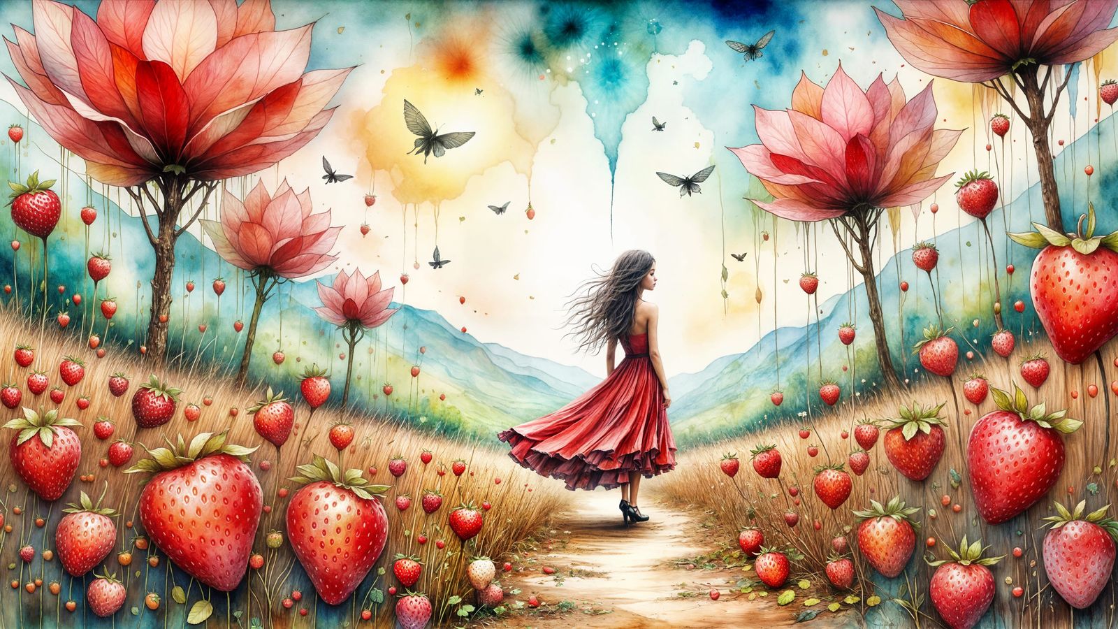 Ethereal Landscape of Strawberry Fields in Dreamlike Surreal...