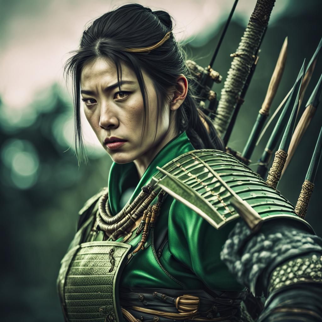 Female Samurai with Longbow in Green Armor