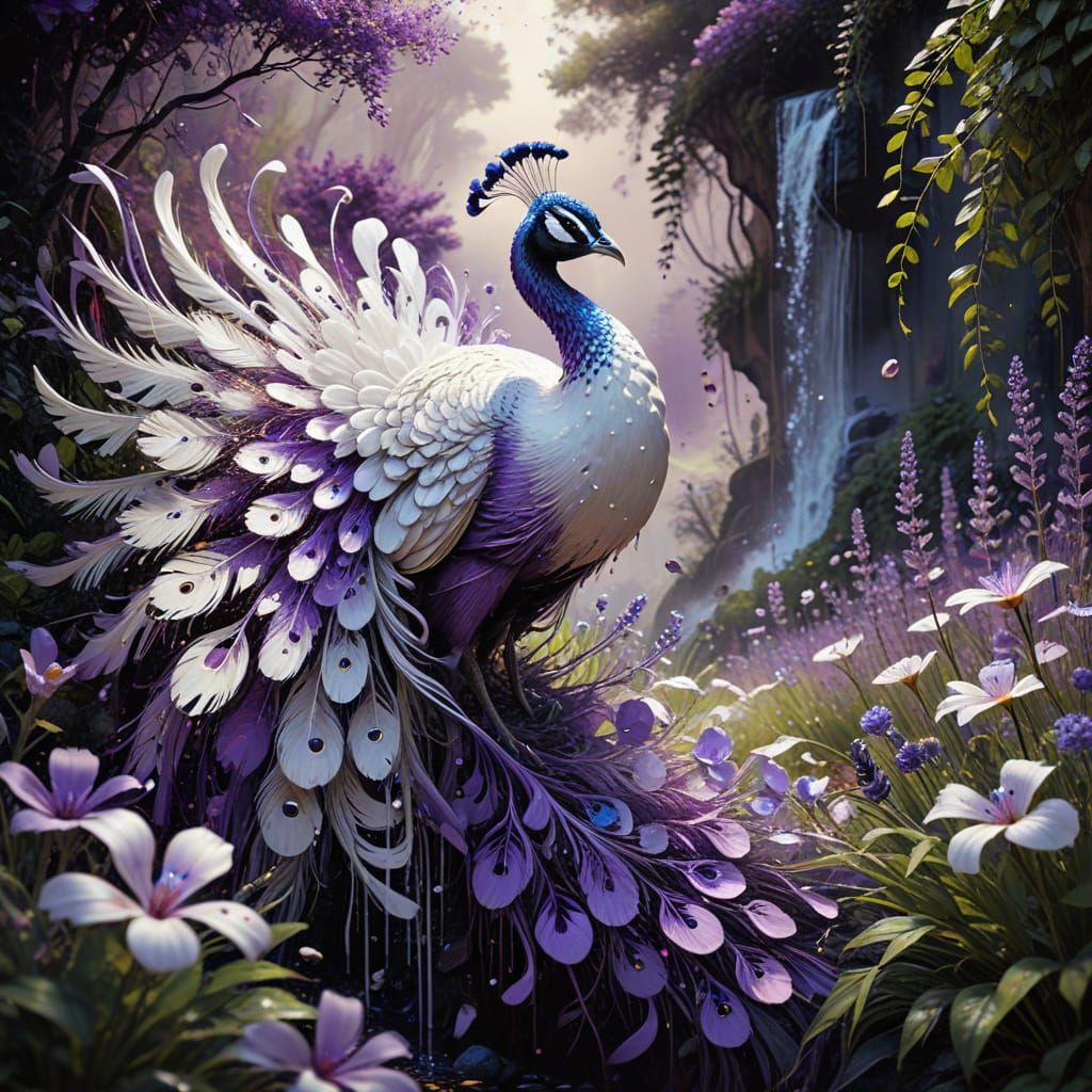 Lavender Dreamscapes: Vibrant White Peacock in Majestic Wate...