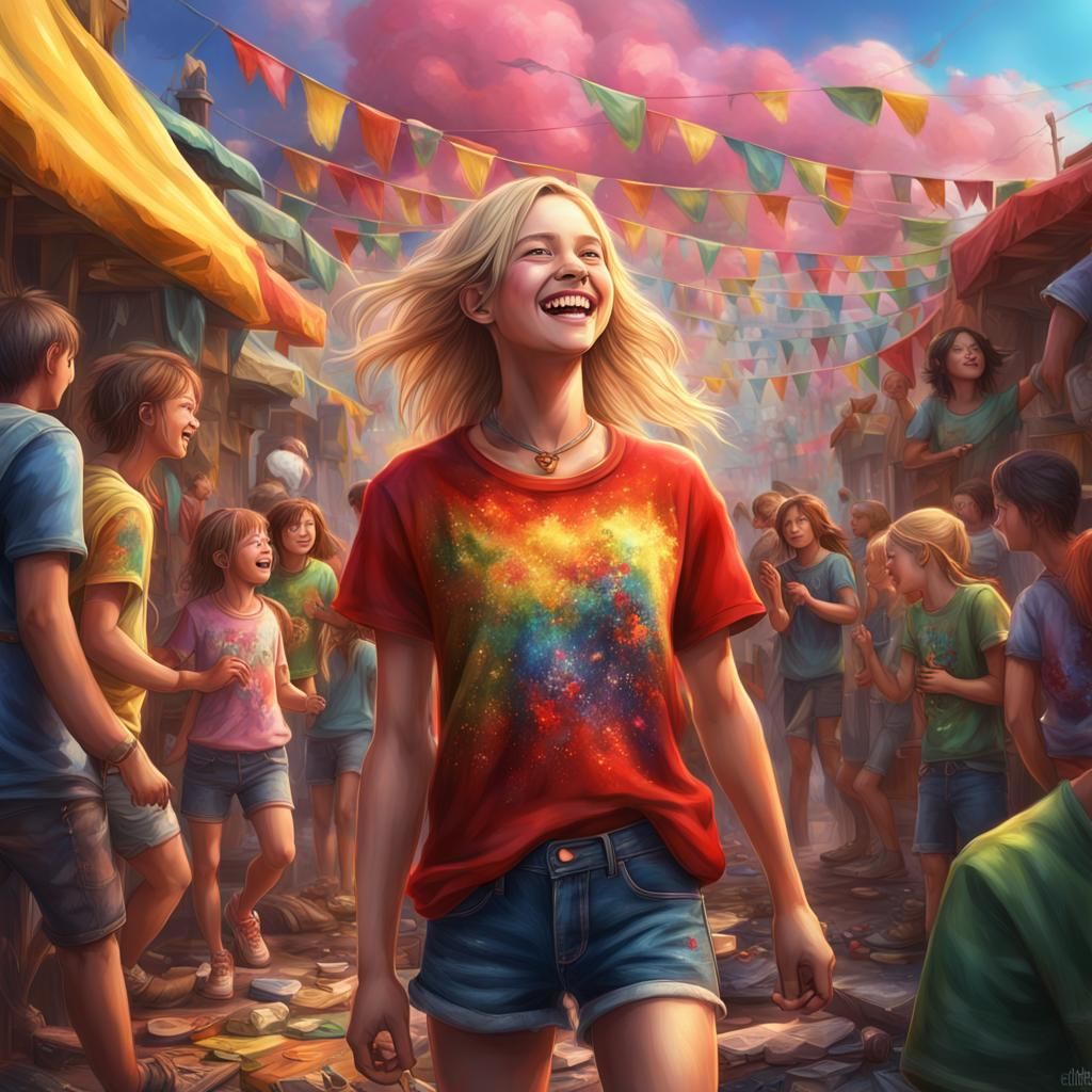 Colorful Painting of a Girl Laughing Outdoors