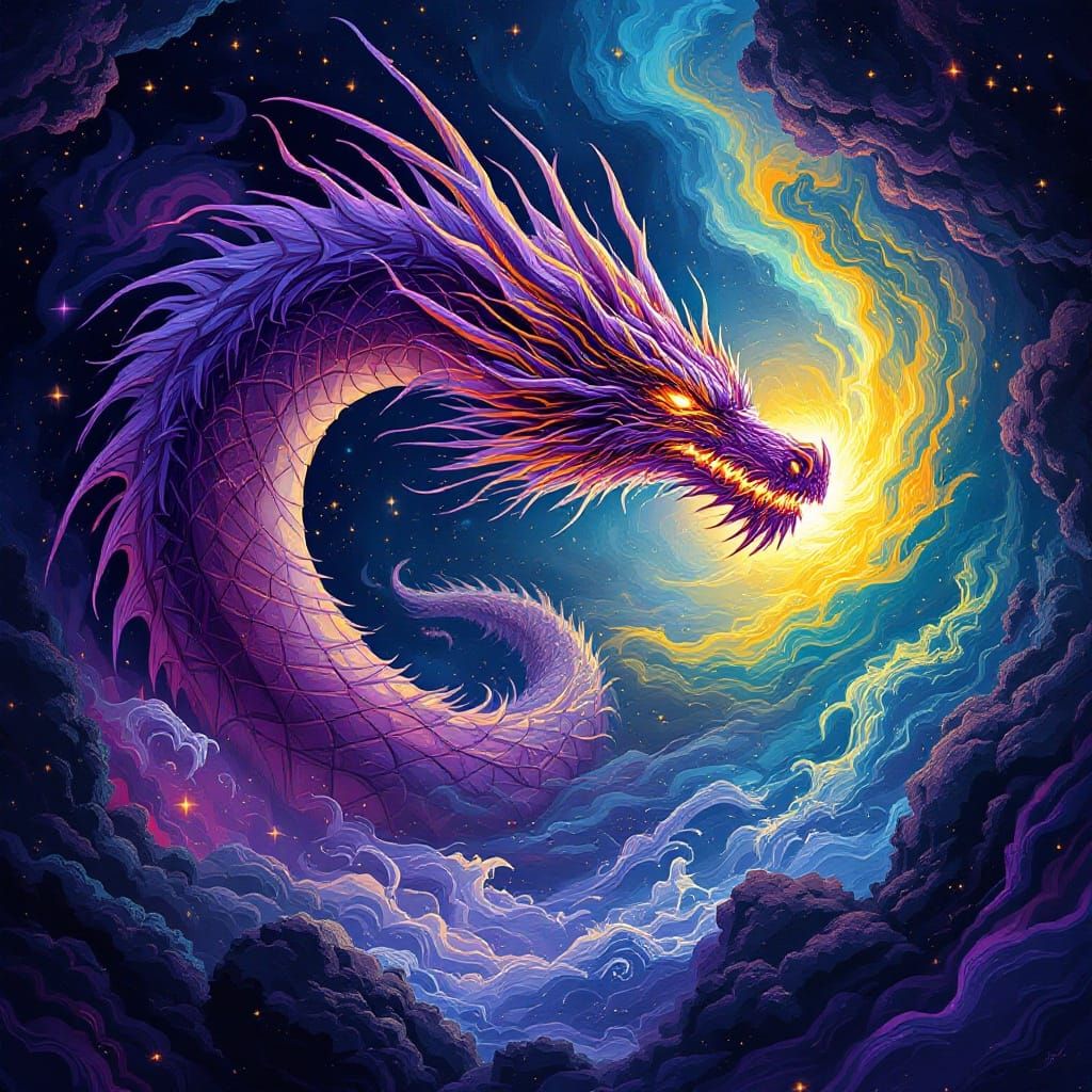 Vibrant Cosmic Dragon Unfolds in Futuristic Art