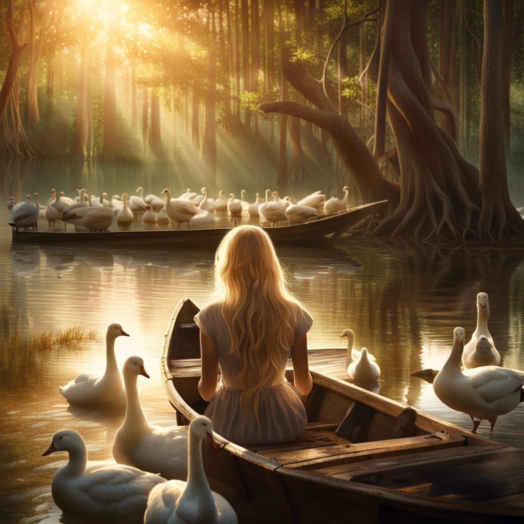 Beautiful Girl in Mangrove Swamp with Geese