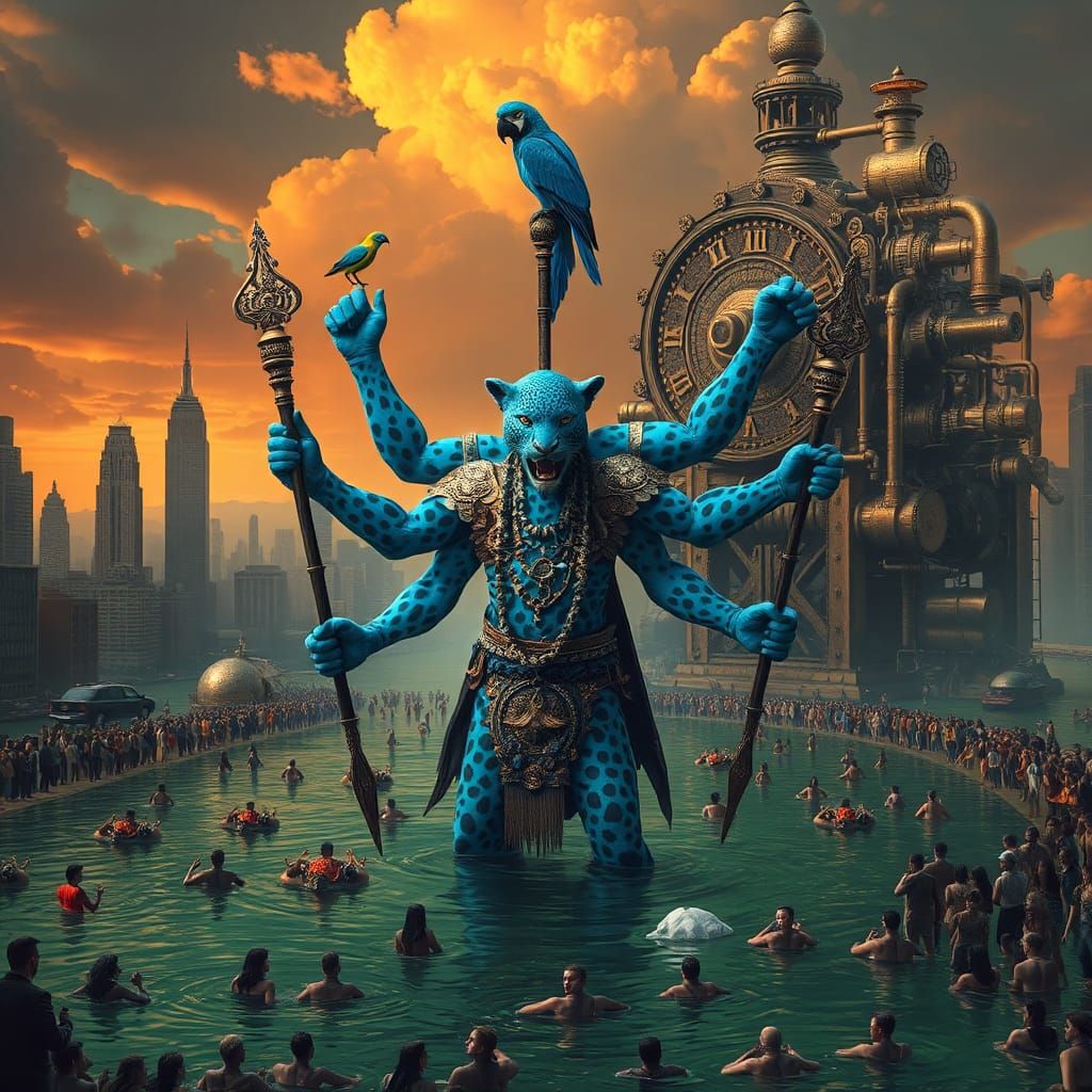 Blue Leopard Shaman in Flooded City, Surreal Art