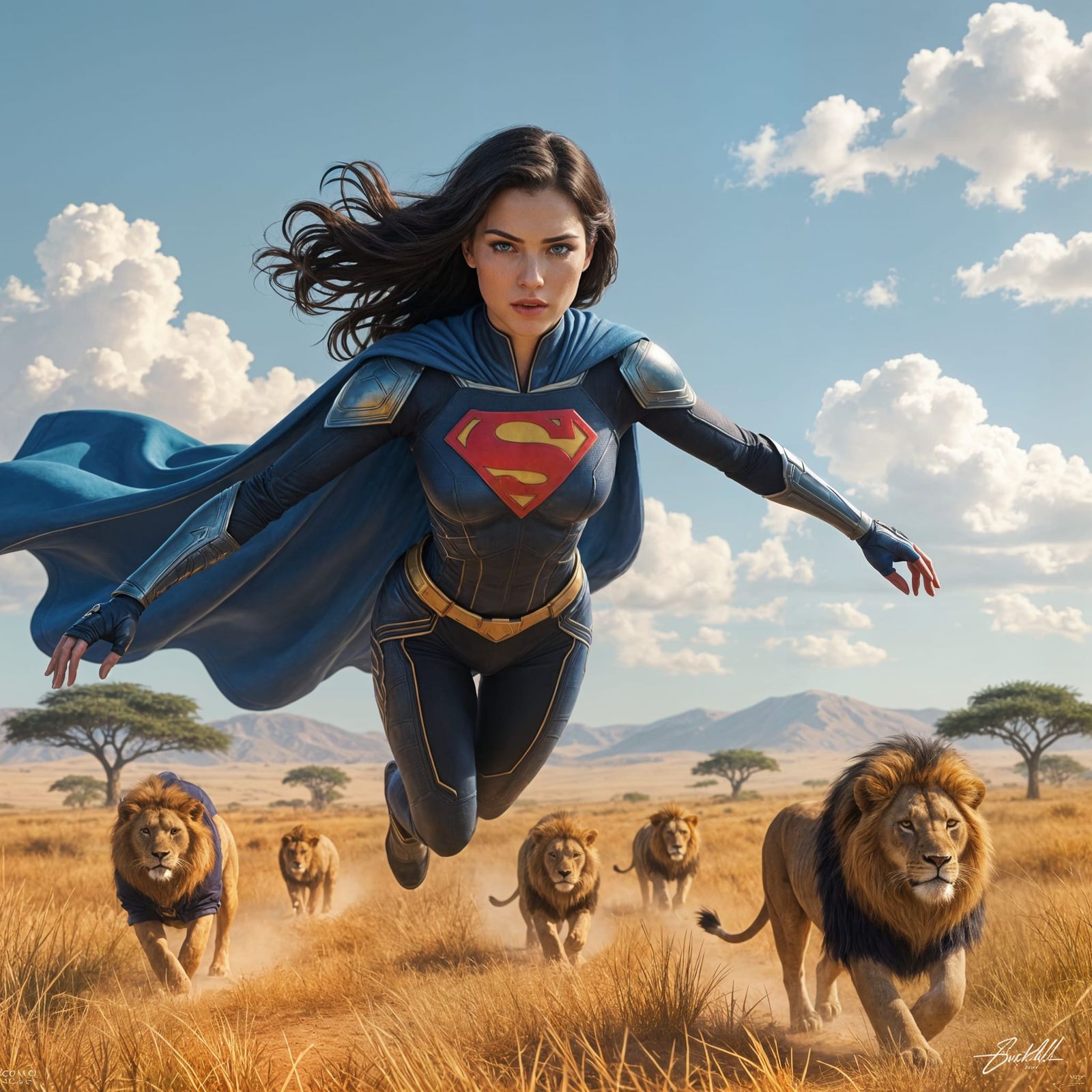 Supergirl Soars Over African Savanna: Cinematic Film Still