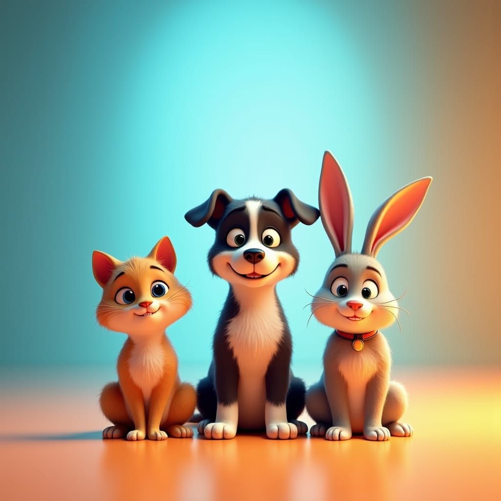 Tricolour Cat, Dog, and Rabbit in 3D Style
