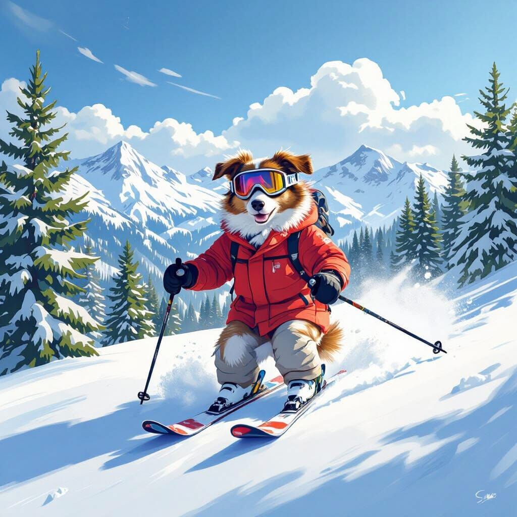 Dog Skiing Down Mountain in Vibrant Style