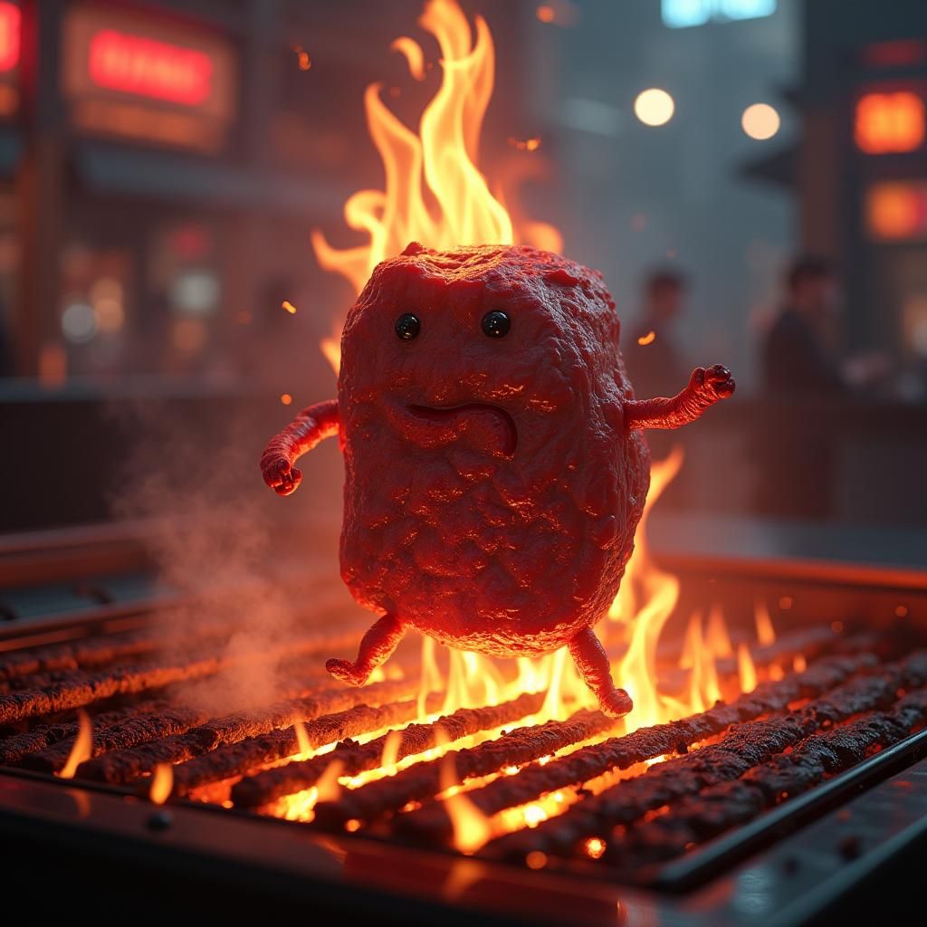 Dancing Steak on Neon Grill in Matte Painting Style