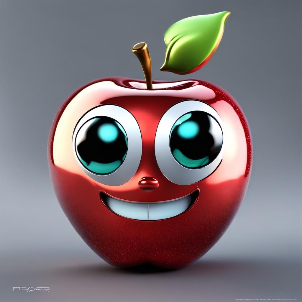 Metallic Chibi Apple: Hyperdetailed 3D Digital Art