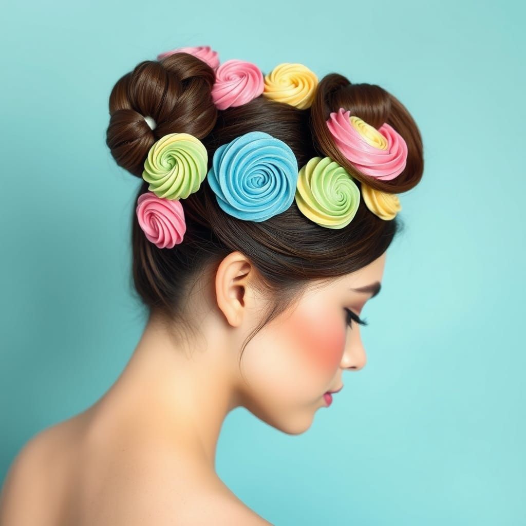 Whimsical Frosting Hair Bun in Surreal Style