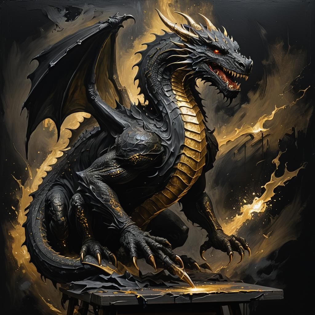painting on an easel, a pitch black dragon painted with matte black paint, golden highlights, thick brush strokes, grung...