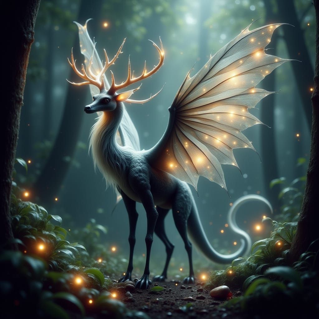 Enchanted Dragon with Antlers in Mystical Forest