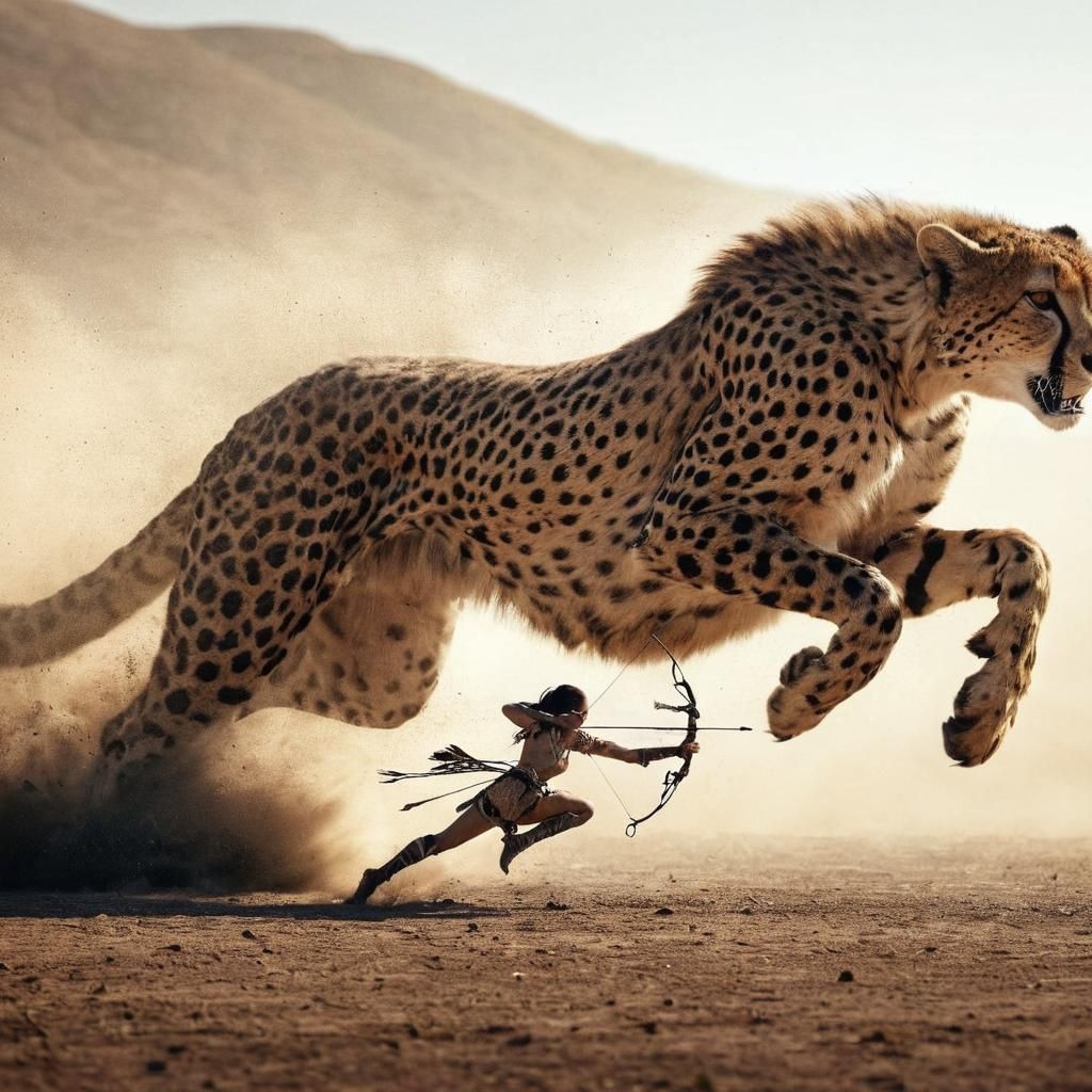 Huntress with giant leopard in action