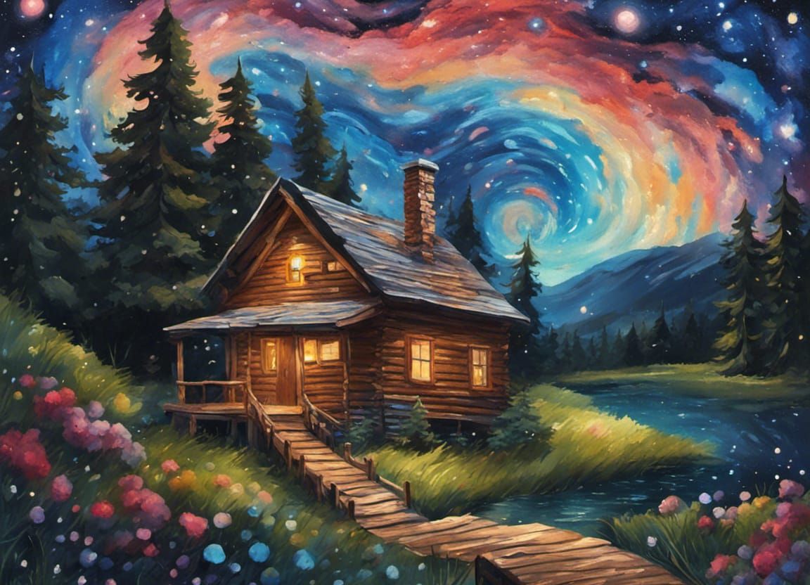 Enchanted Cabin Under Swirling Galactic Sky as Impasto Paint...