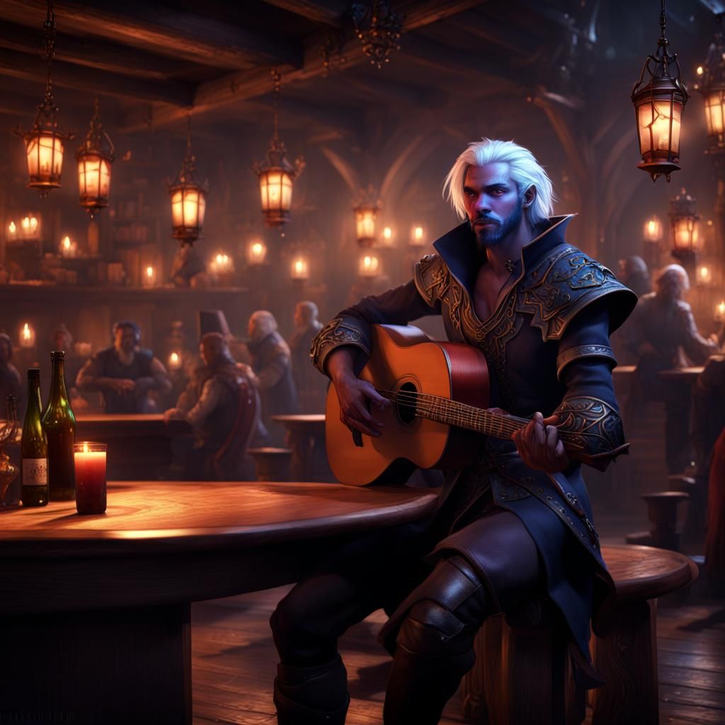 Half-Drow Bard Performs in Yawning Portal Tavern