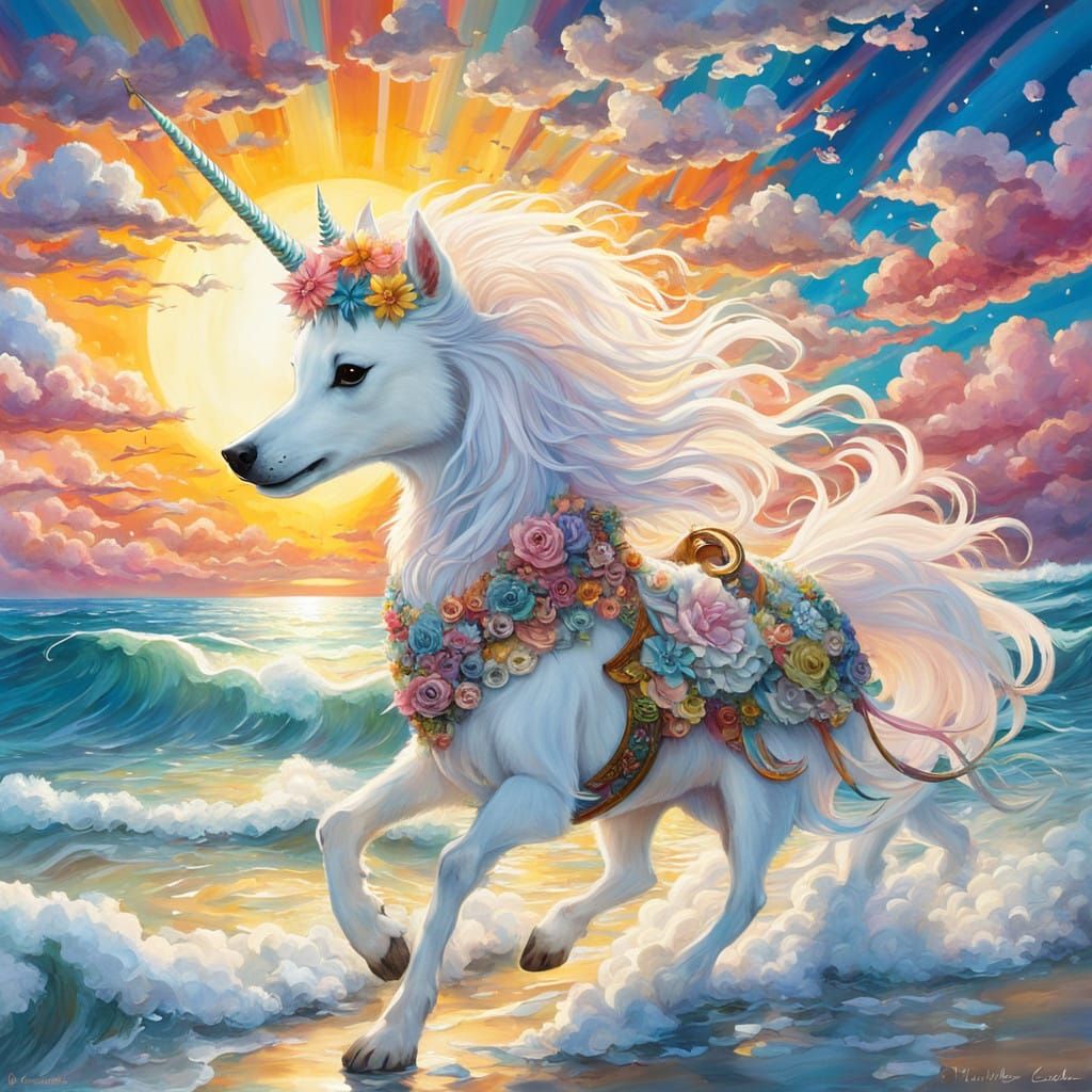 Whimsical Pastel Fantasy: Japanese Spitz and Unicorn on Beac...