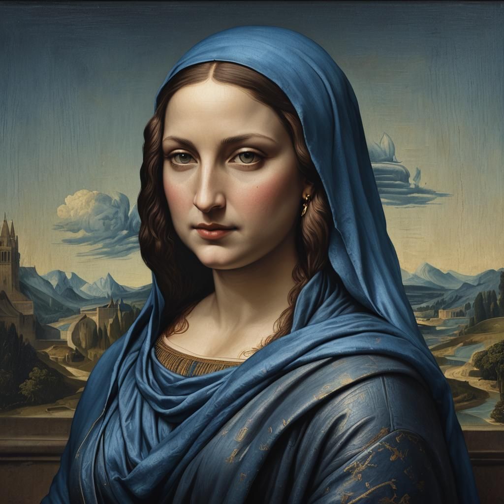 Mona Lisa in Blue Cowl: Detailed Matte Painting