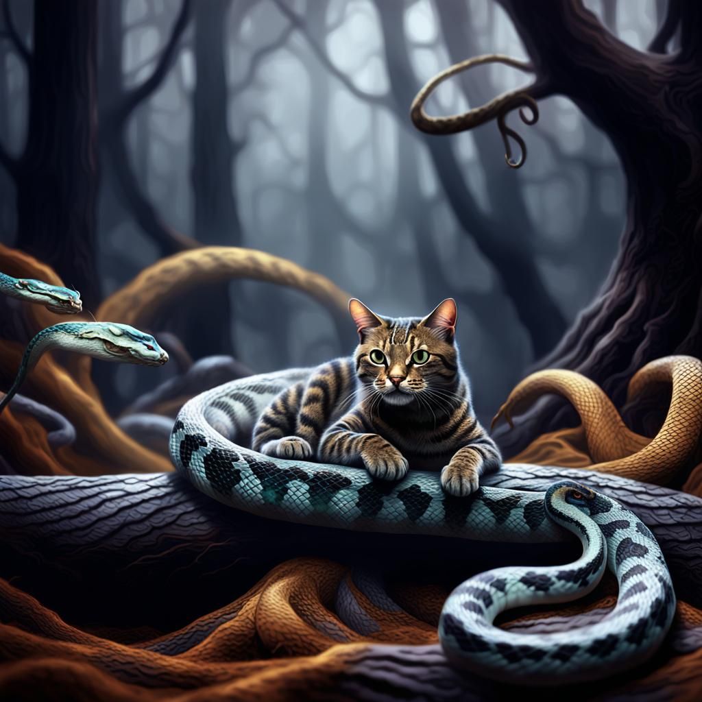 Cat and Snake Fight in Baroque Digital Art