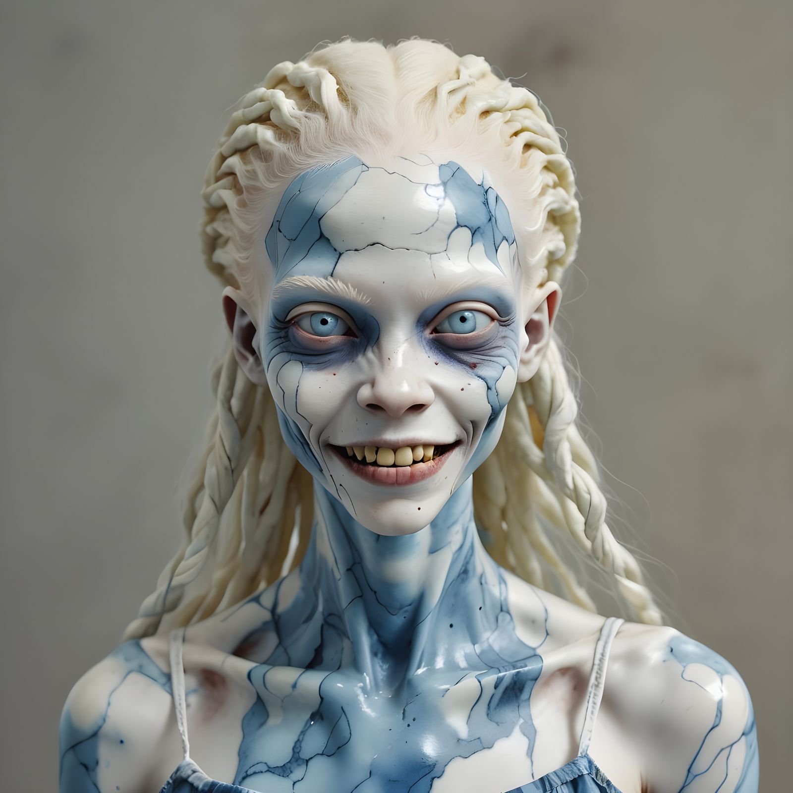 Albino Woman with Blue Marble Skin, Smiling