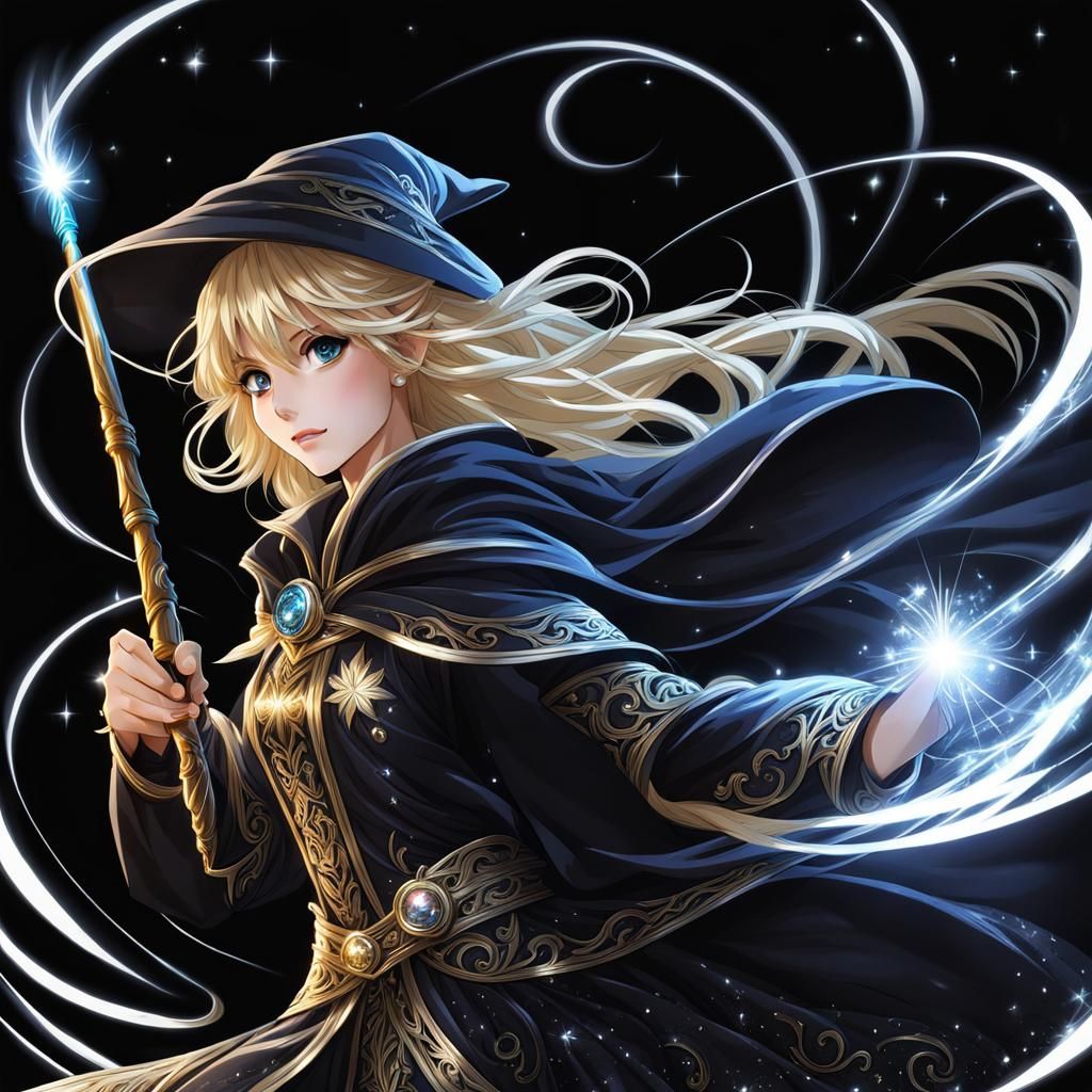 Blond Wizard Girl with Wand in Chiaroscuro Anime
