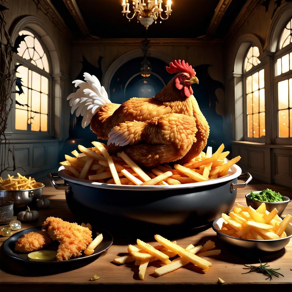 Angry chicken guarding a chicken and fries meal