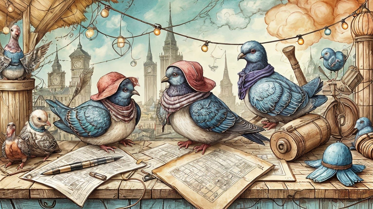 Dressed Pigeons Organize Letters on a Rooftop
