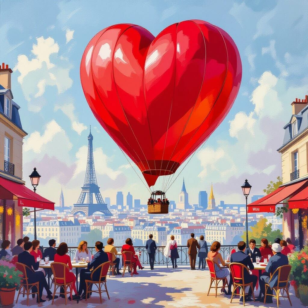 Crimson Heart Balloon Over Paris: Impressionist Style