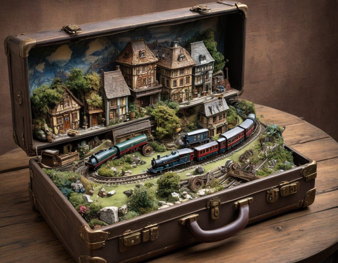 Whimsical Watercolor Train Scene in Vintage Suitcase
