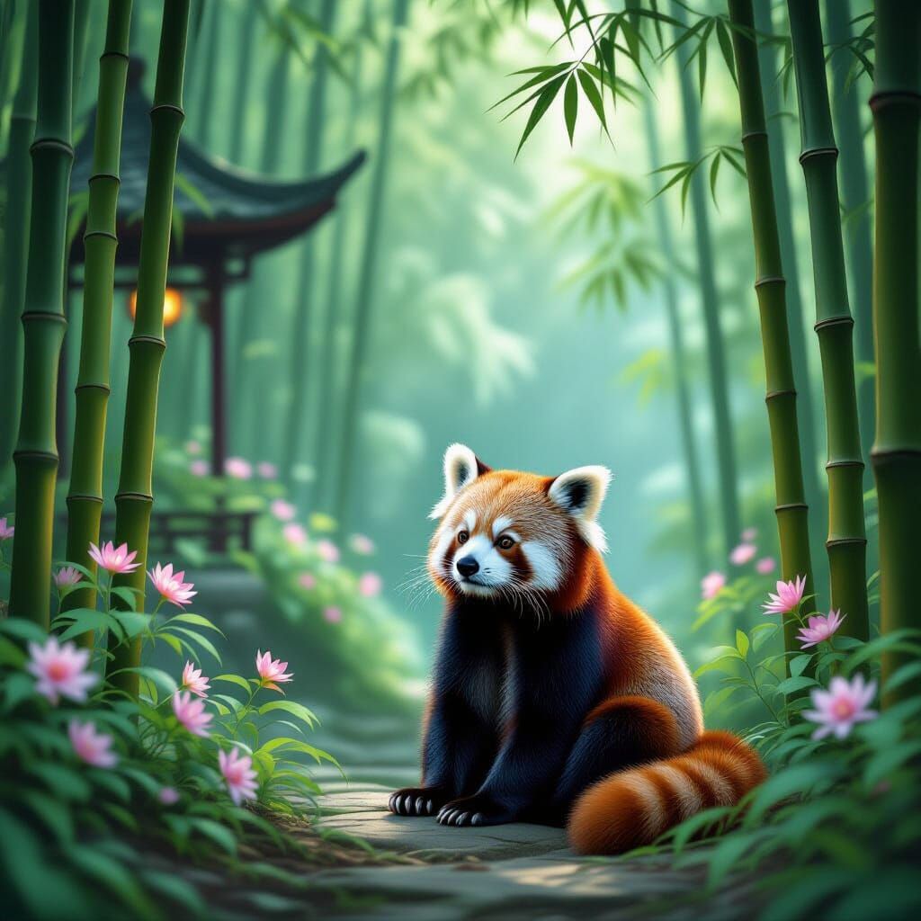 Red Panda in Mystical Bamboo Grove with Lanterns