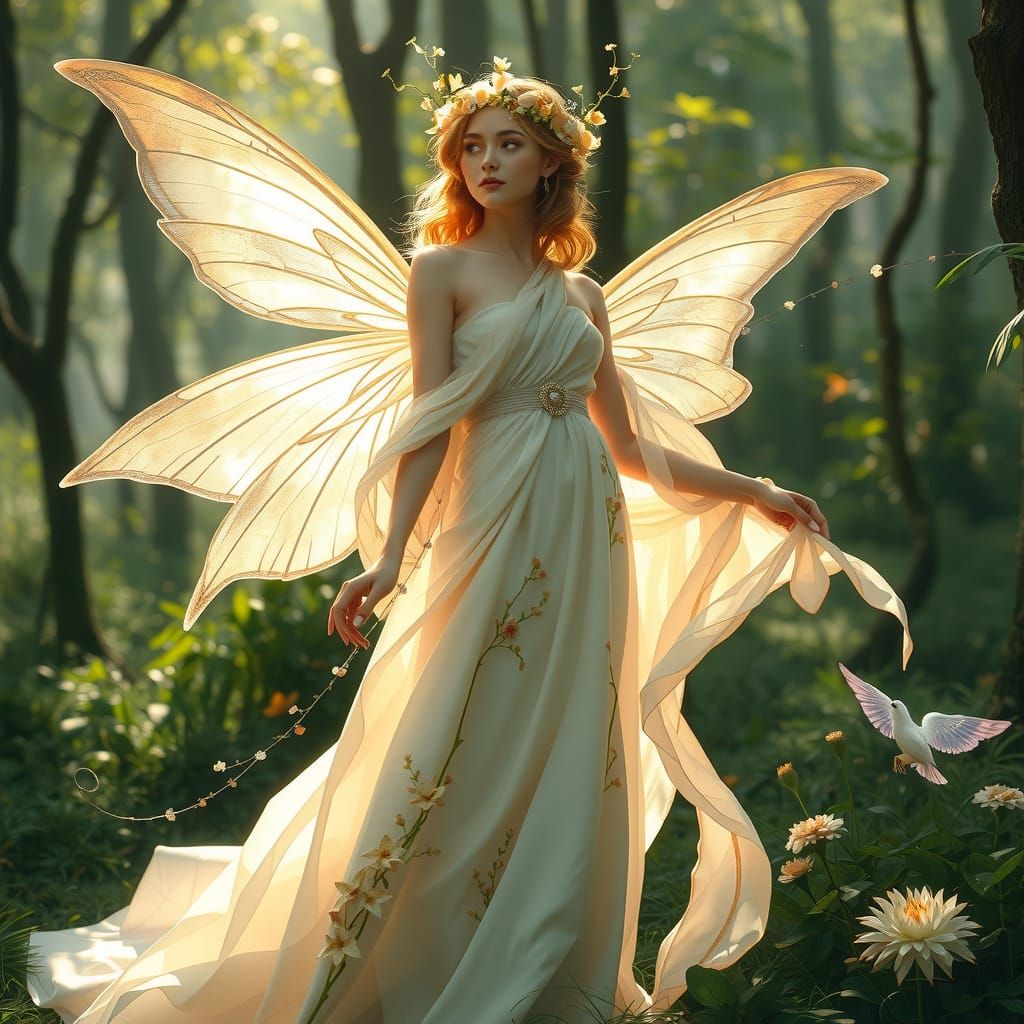 Fairy Goddess in Forest, Ethereal Light and Floral Crown