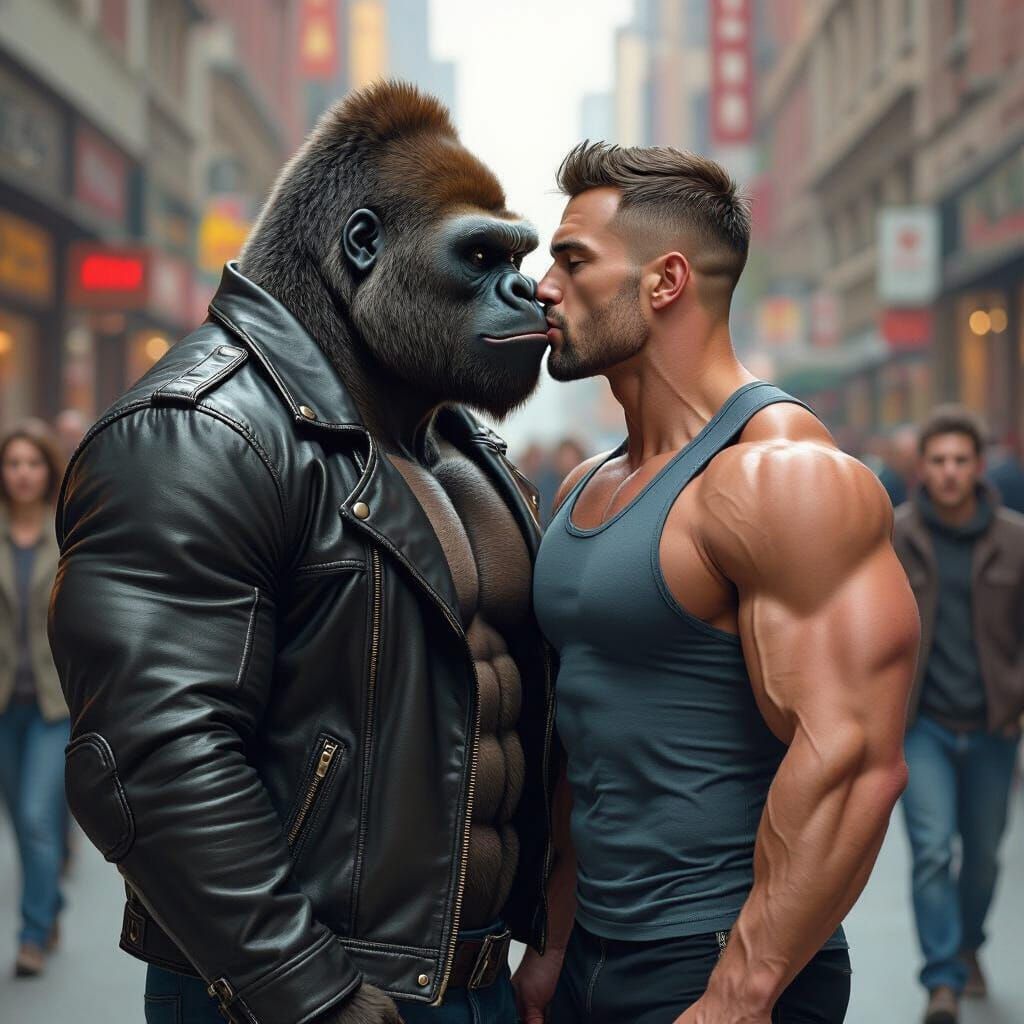 Gorilla Kisses Bodybuilder in City, Comic Book Style