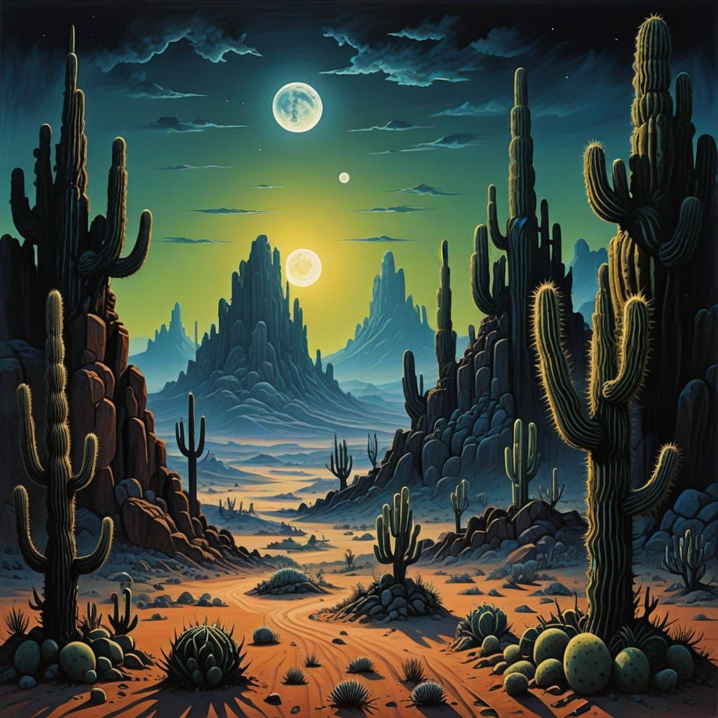 Surreal Moonlit Desert Landscape in a Dreamlike Style