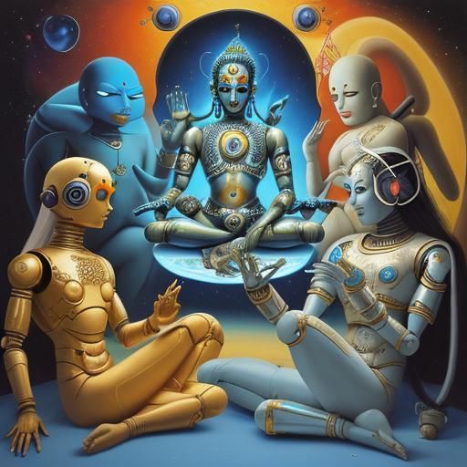 Krishna Leads Meditation in Spaceship, Surreal Art