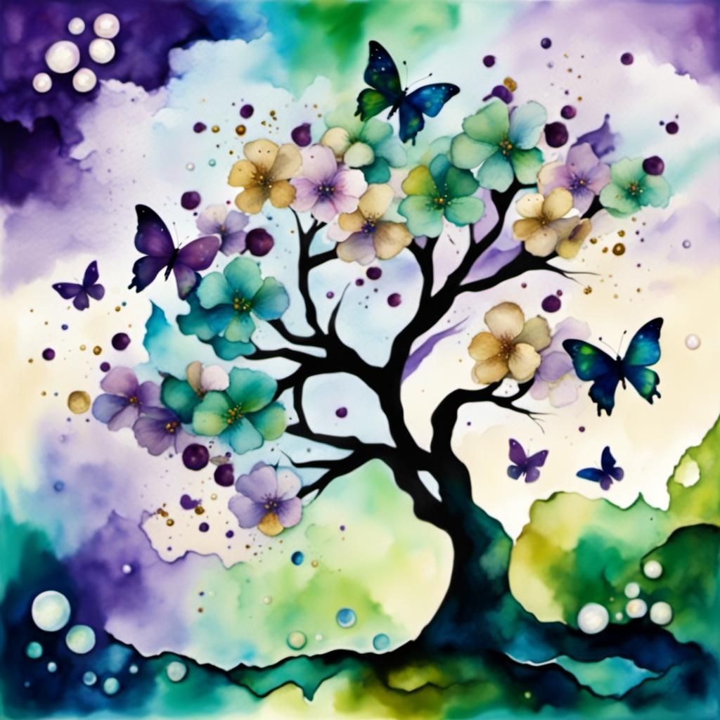 Watercolor Cherry Blossom Tree with Butterflies