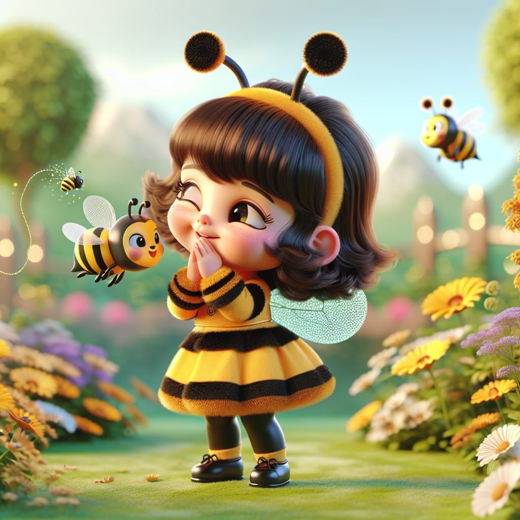 Disney Pixar style 3D adorable little girl, in a bee costume, with an adorable bee ๐ flying near her face, happy, girl ...