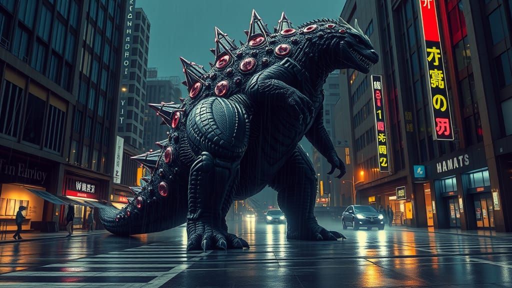 Cyberpunk Godzilla on Rainy Street at Night