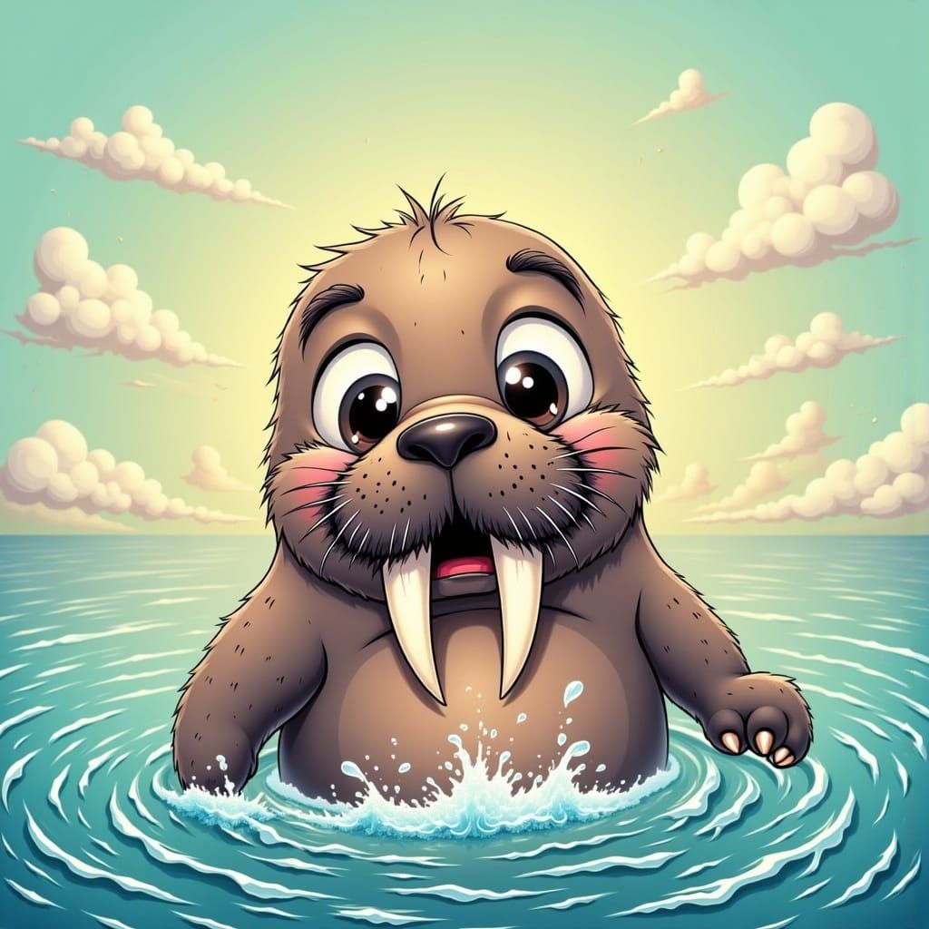 Cartoon Walrus in a Watery Wonderland