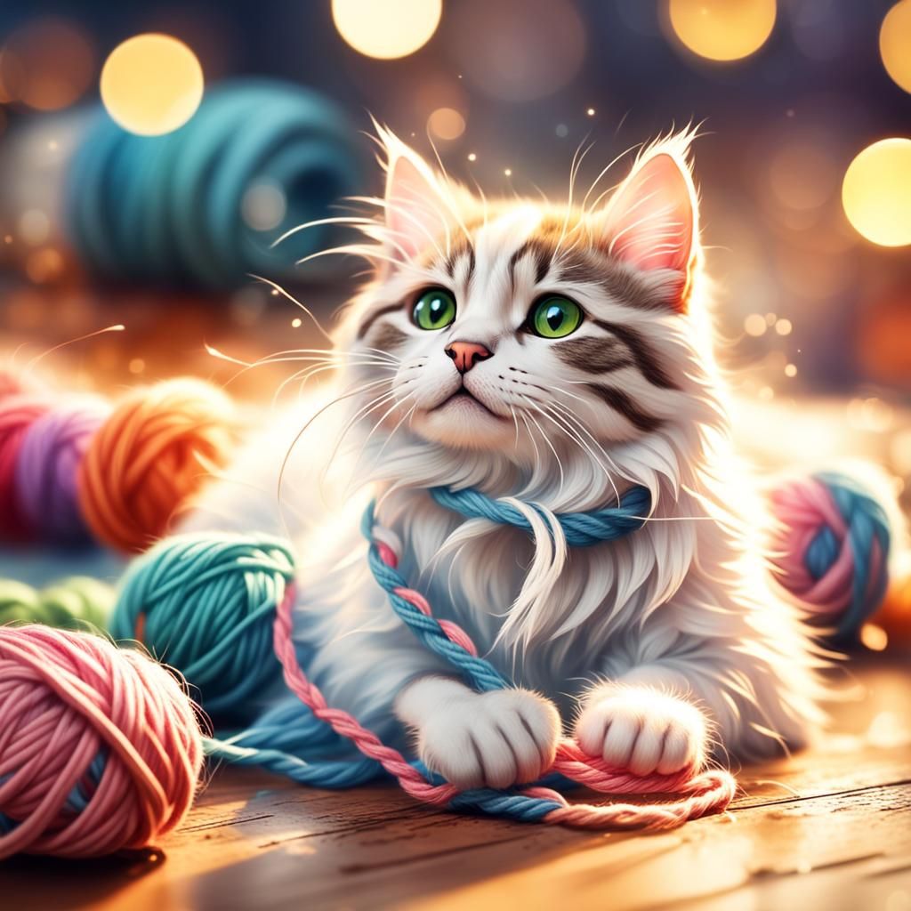 Cute Cat Plays with Yarn: Realistic Digital Art