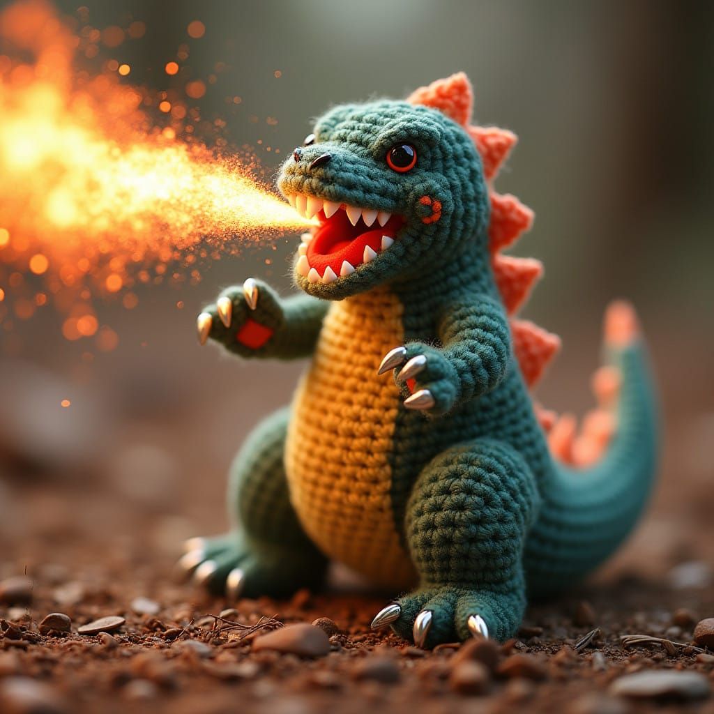 Chibi Crochet Godzilla Roars with Whimsical Fire Breath