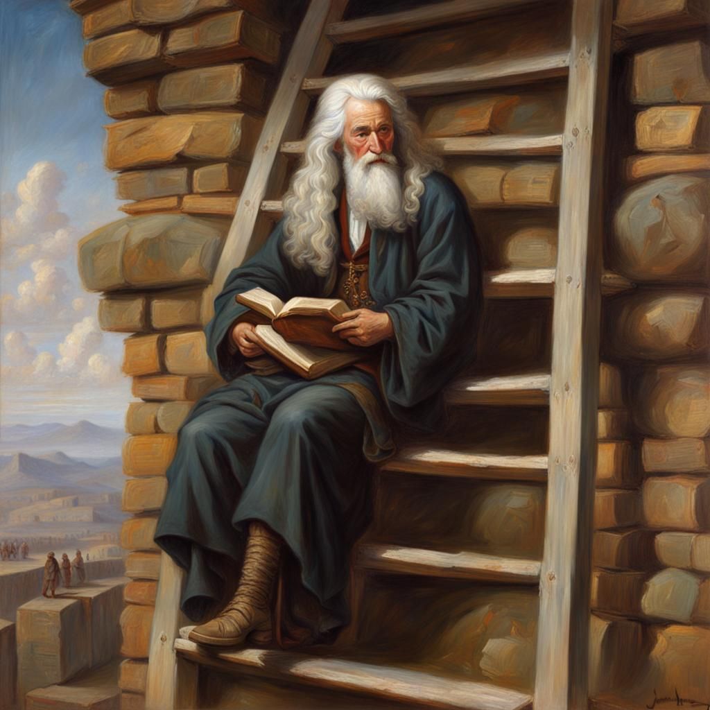 Philosopher Climbing Book Ladder in Oil Painting Style
