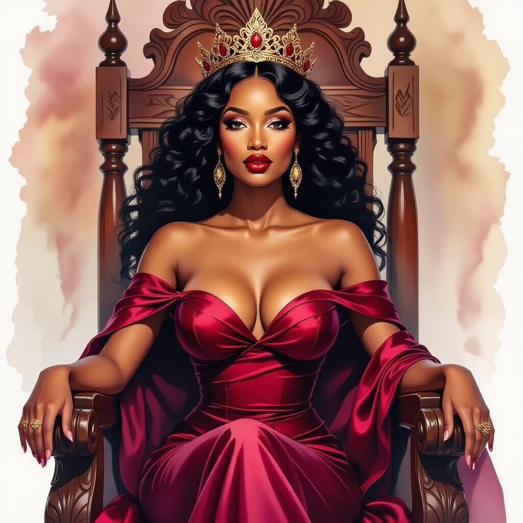 African Queen on Throne in Watercolor Style