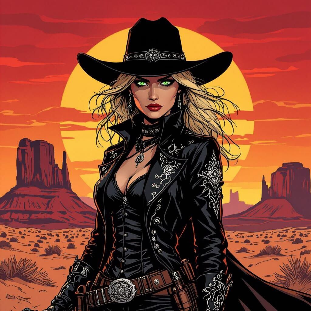 Female Gunslinger Portrait Against Crimson Sunset